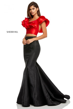 Sherri Hill 52747 prom dress images.  Sherri Hill 52747 is available in these colors: Red Black, Ivory Black, Ivory Pink, Ivory Red, Ivory Turquoise, Ivory Yellow, Ivory Orange.