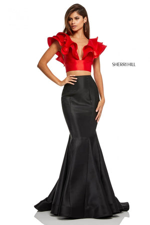 Sherri Hill 52747 prom dress images.  Sherri Hill 52747 is available in these colors: Red Black, Ivory Black, Ivory Pink, Ivory Red, Ivory Turquoise, Ivory Yellow, Ivory Orange.
