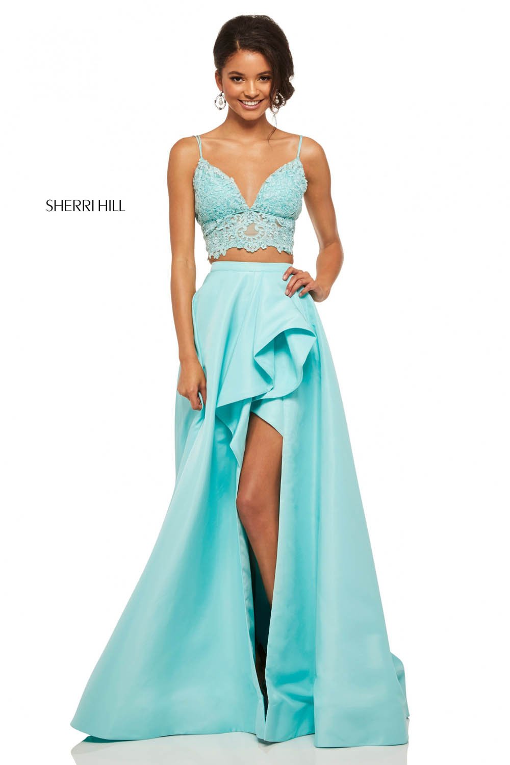 Sherri Hill 52754 prom dress images.  Sherri Hill 52754 is available in these colors: Yellow, Bright Pink, Ivory, Light Blue, Lilac, Red, Aqua.