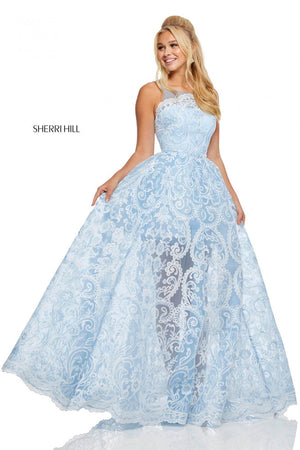 Sherri Hill 52758 prom dress images.  Sherri Hill 52758 is available in these colors: Ivory Silver, Light Blue Ivory, Gold.