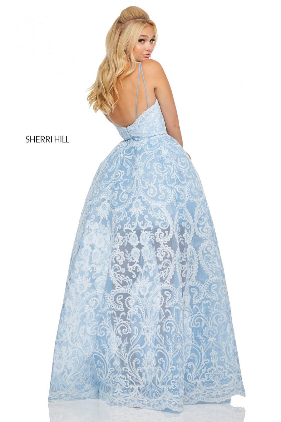 Sherri Hill 52758 prom dress images.  Sherri Hill 52758 is available in these colors: Ivory Silver, Light Blue Ivory, Gold.