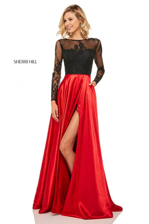 Sherri Hill 52765 prom dress images.  Sherri Hill 52765 is available in these colors: Black Red, Red, Black, Wine, Navy.