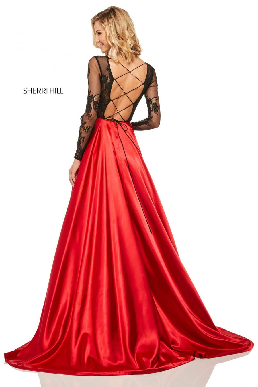 Sherri Hill 52765 prom dress images.  Sherri Hill 52765 is available in these colors: Black Red, Red, Black, Wine, Navy.
