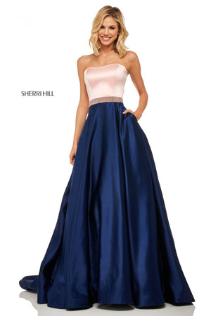 Sherri Hill 52776 prom dress images.  Sherri Hill 52776 is available in these colors: Light Blue Mocha, Fuchsia Red, Red Black, Ivory Black, Blush Navy, Coral Mocha, Ivory Mocha.