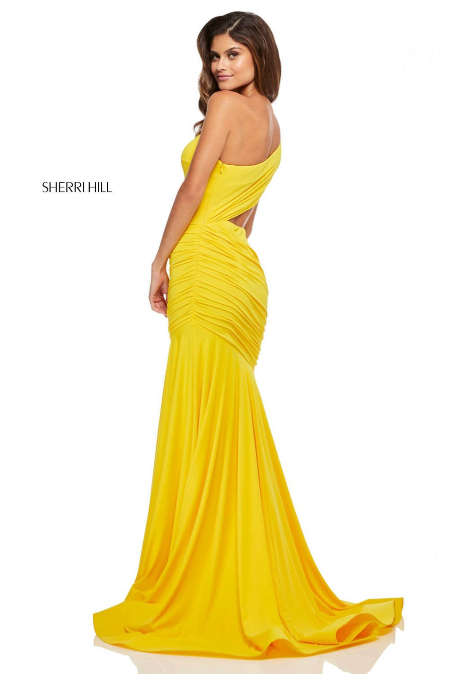 Sherri Hill 52789 prom dress images.  Sherri Hill 52789 is available in these colors: Royal, Yellow, Purple, Fuchsia, Emerald, Black.
