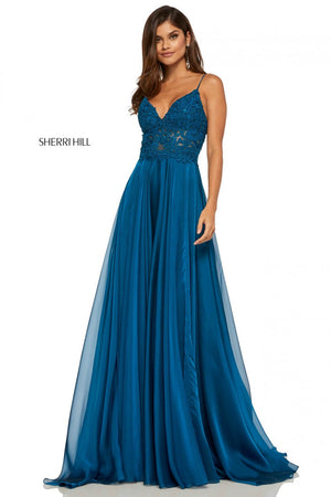 Sherri Hill 52818 prom dress images.  Sherri Hill 52818 is available in these colors: Teal, Peacock, Light Blue, Candy Pink, Yellow, Lilac, Dreamcicle, Berry.