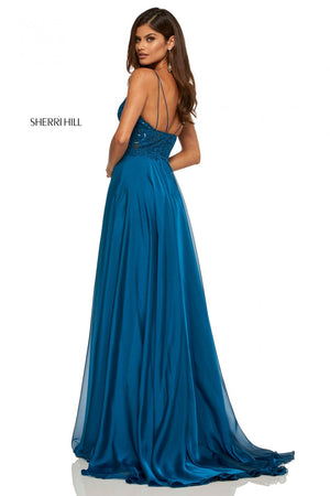 Sherri Hill 52818 prom dress images.  Sherri Hill 52818 is available in these colors: Teal, Peacock, Light Blue, Candy Pink, Yellow, Lilac, Dreamcicle, Berry.