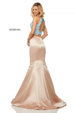 Sherri Hill 52851 prom dress images.  Sherri Hill 52851 is available in these colors: Light Blue Nude, Ivory Nude, Black Red.