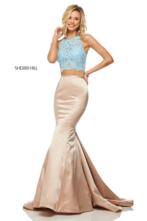 Sherri Hill 52851 prom dress images.  Sherri Hill 52851 is available in these colors: Light Blue Nude, Ivory Nude, Black Red.