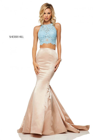 Sherri Hill 52851 prom dress images.  Sherri Hill 52851 is available in these colors: Light Blue Nude, Ivory Nude, Black Red.