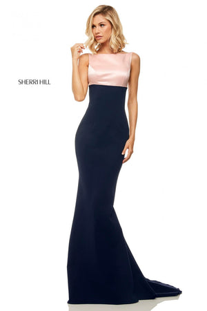 Sherri Hill 52903 prom dress images.  Sherri Hill 52903 is available in these colors: Emerald Black, Blush Navy, Black Ivory, Red Black, Ivory Black.