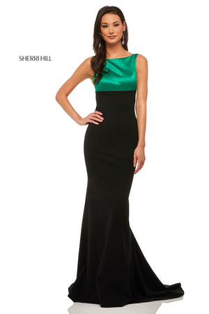 Sherri Hill 52903 prom dress images.  Sherri Hill 52903 is available in these colors: Emerald Black, Blush Navy, Black Ivory, Red Black, Ivory Black.