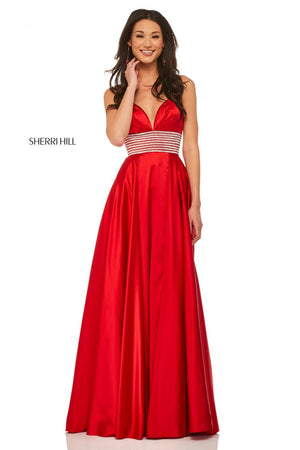 Sherri Hill 52906 prom dress images.  Sherri Hill 52906 is available in these colors: Royal, Emerald, Red, Black, Ivory.