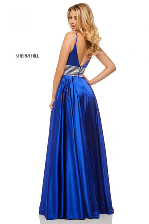 Sherri Hill 52906 prom dress images.  Sherri Hill 52906 is available in these colors: Royal, Emerald, Red, Black, Ivory.