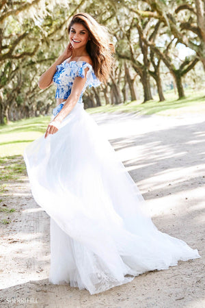 Sherri Hill 52910 prom dress images.  Sherri Hill 52910 is available in these colors: Blue Ivory Print.