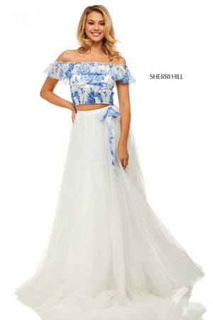 Sherri Hill 52910 prom dress images.  Sherri Hill 52910 is available in these colors: Blue Ivory Print.