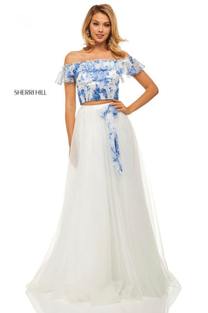 Sherri Hill 52910 prom dress images.  Sherri Hill 52910 is available in these colors: Blue Ivory Print.
