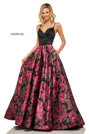 Sherri Hill 52931 prom dress images.  Sherri Hill 52931 is available in these colors: Black Fuchsia Print.
