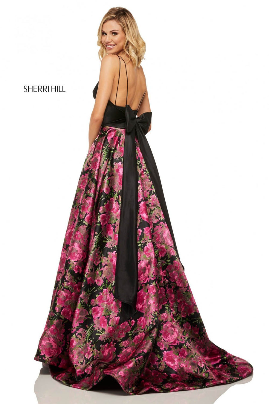 Sherri Hill 52931 prom dress images.  Sherri Hill 52931 is available in these colors: Black Fuchsia Print.