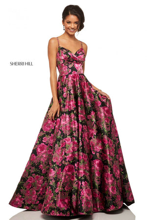 Sherri Hill 52932 prom dress images.  Sherri Hill 52932 is available in these colors: Black Fuchsia Print.