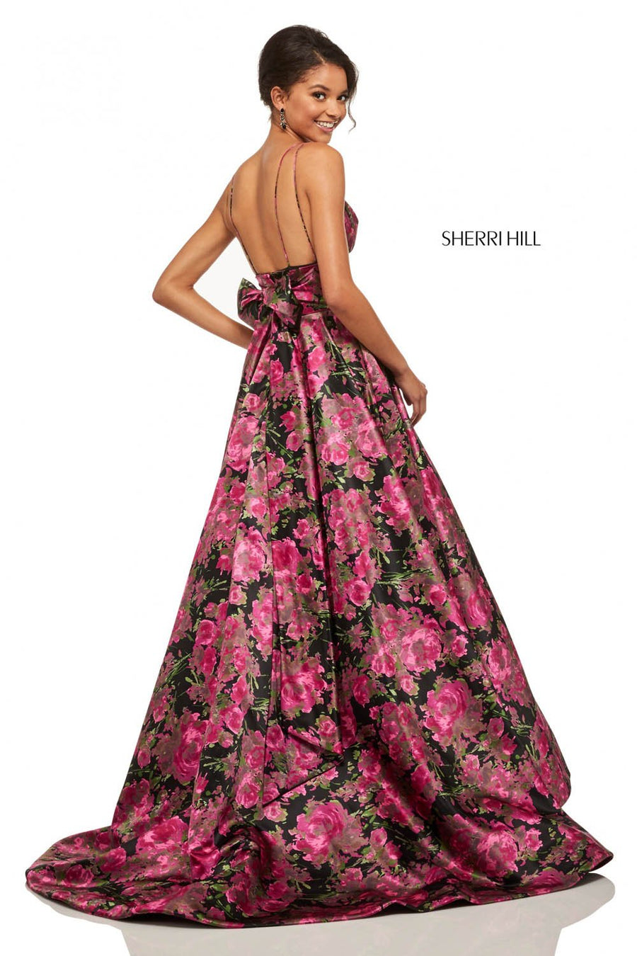 Sherri Hill 52932 prom dress images.  Sherri Hill 52932 is available in these colors: Black Fuchsia Print.